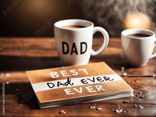 Close-up of Happy Father's Day Best Dad Ever greeting card and coffee mug on the table design perfect for celebrating and honoring fathers photo