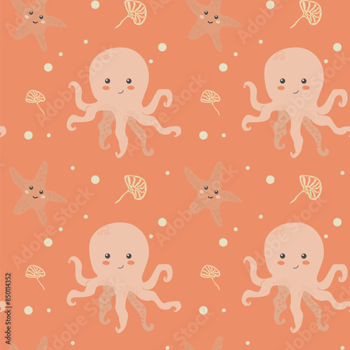Childrens sea animals pattern, childish ocean marine life seamless background. Nursery baby animals print. Underwater inhabitants collection background for kids textile, clothes, wallpapers.