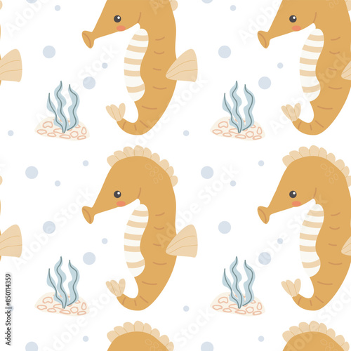 Childrens sea animals pattern, childish ocean marine life seamless background. Nursery baby animals print. Underwater inhabitants collection background for kids textile, clothes, wallpapers.
