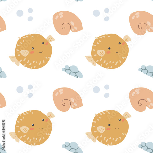Childrens sea animals pattern, childish ocean marine life seamless background. Nursery baby animals print. Underwater inhabitants collection background for kids textile, clothes, wallpapers.