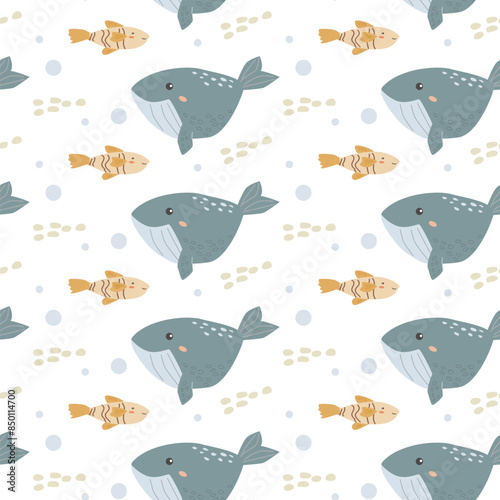 Childrens sea animals pattern, childish ocean marine life seamless background. Nursery baby animals print. Underwater inhabitants collection background for kids textile, clothes, wallpapers.
