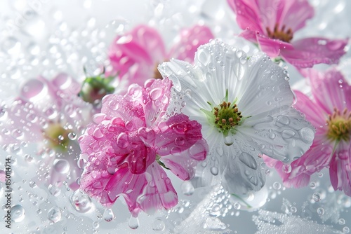 Close up of pink and white flowers underwater with raindrops on them in the abstract minimal style.