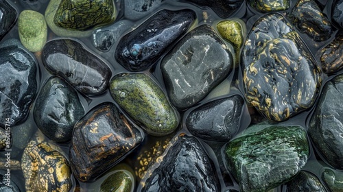 Polished rocks agglomeration featuring black obsidian and greenblack hues