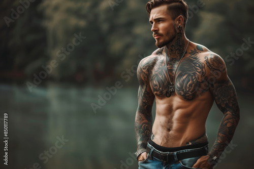 Muscular tattooed man posing by lake in daylight