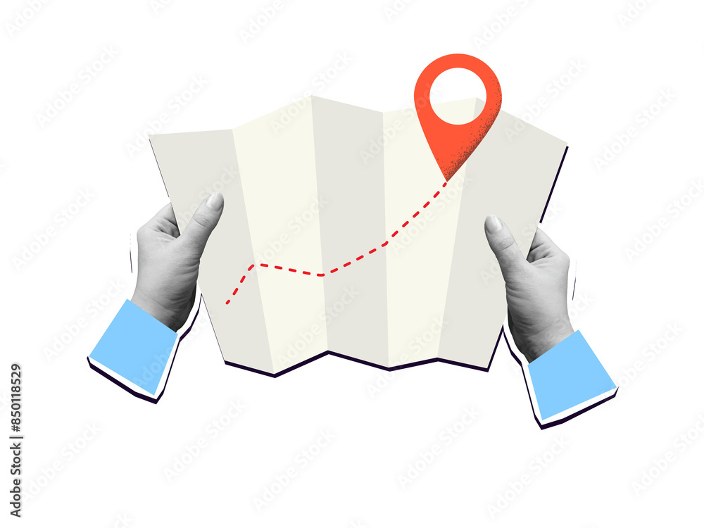 Obraz premium Hands holds a map with a way and a red pin mark. Target or destination concept. Modern collage Illustration on transparent background