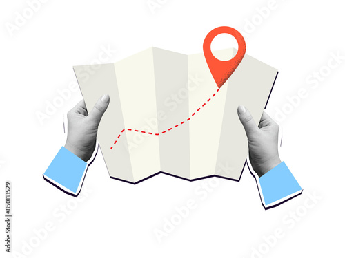 Hands holds a map with a way and a red pin mark. Target or destination concept. Modern collage Illustration on transparent background