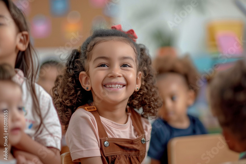 A young girl with a bright smile, sitting in a colorful classroom surrounded by classmates. The scene exudes joy, innocence, and the vibrant energy of childhood
