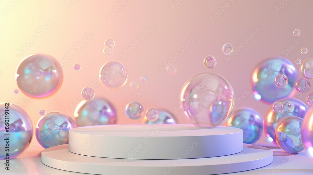 Mirrored soap bubbles are flying over a light pink round podium. An empty, clean showcase for displaying goods. 3D rendering. Mirrored soap bubbles are flying over a light pink round podium. An empty, clean showcase for displaying goods. 3D rendering.