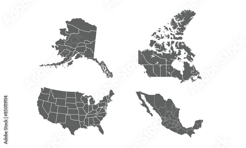 All maps of America isolated on white background. for website layouts, background, education, precise, customizable, Travel worldwide, map silhouette backdrop, earth geography, political, reports.
