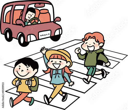 横断歩道を渡る小学生と停車した車