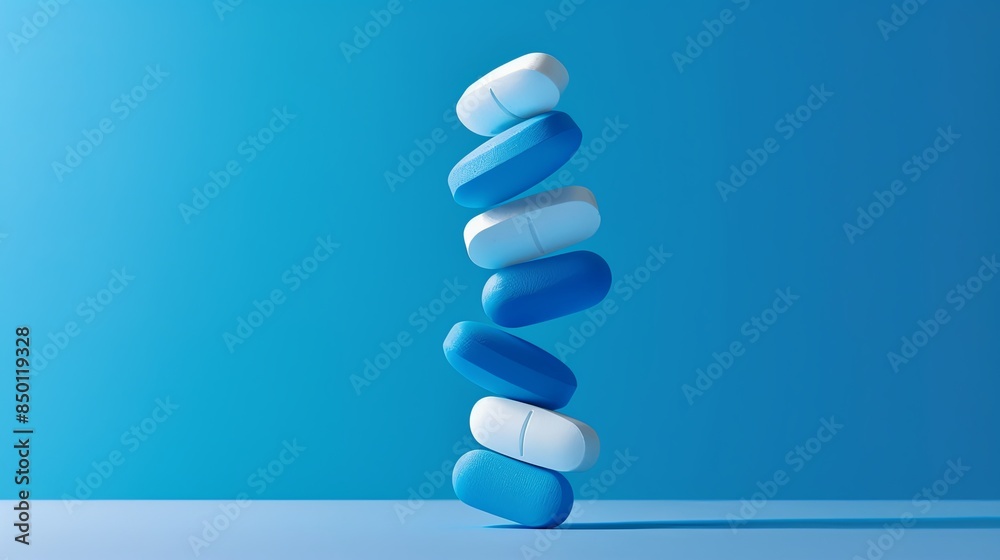 Balanced Blue and White Antibiotic Capsules on Blue Balanced Blue and White Antibiotic Capsules on Blue