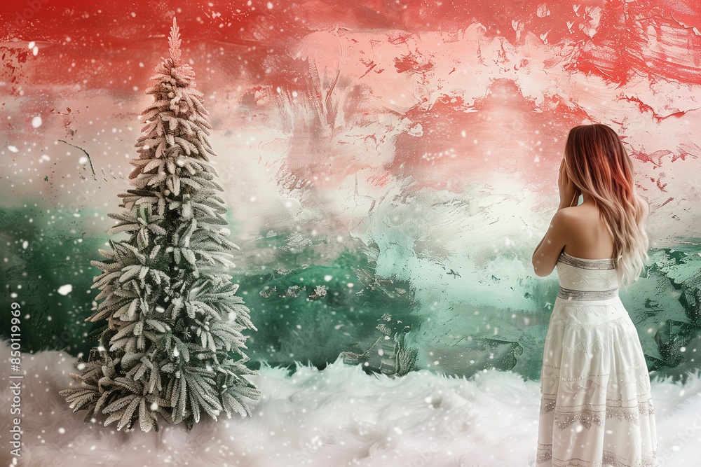 A girl in a white dress stands in awe before a snow-covered Christmas tree, set against a dreamy red and green background. The scene evokes a sense of wonder and holiday magic A girl in a white dress stands in awe before a snow-covered Christmas tree, set against a dreamy red and green background. The scene evokes a sense of wonder and holiday magic