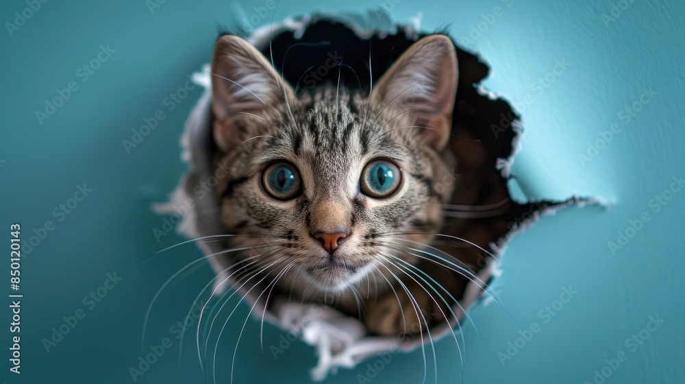 A Gray Cat Playfully Crawls Through A Hole On A Blue Background, The Paper Torn In Curiosity A Gray Cat Playfully Crawls Through A Hole On A Blue Background, The Paper Torn In Curiosity
