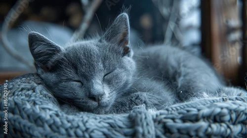 Fototapeta A Gray Kitten Or Cat Sleeping Soundly On The Wall