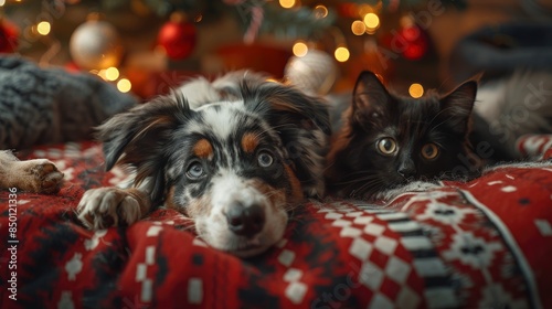 A Heartwarming Family Of Dogs And A Black Cat By The Christmas Tree, Including An Australian Shepherd Puppy, Creating A Festive Atmosphere © AICraft