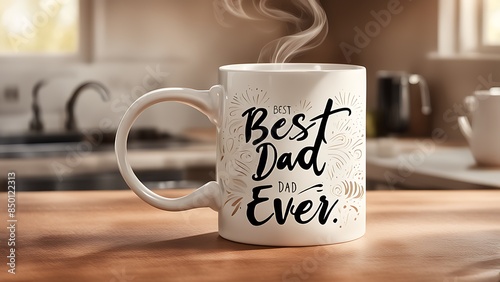 Close-up of Happy Father's Day Best Dad Ever greeting card and coffee mug on the table design perfect for celebrating and honoring fathers photo