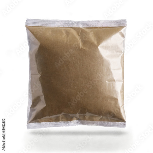 A see-through plastic pack filled with a brown substance on a transparent, white background, png, clearly visible inside photo