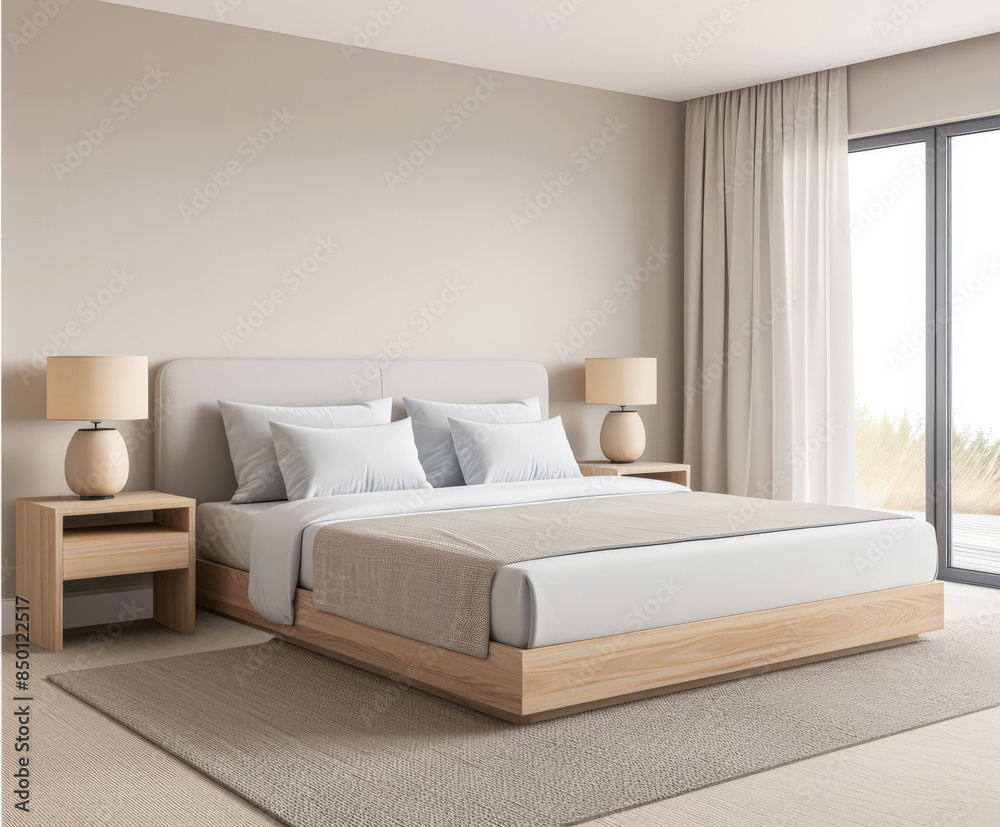 Fototapeta premium Minimalist modern hotel room in beige tone with natural window lighting. Interiors composition.