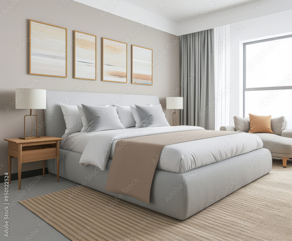 Fototapeta premium Minimalist modern hotel room in beige tone with natural window lighting. Interiors composition.
