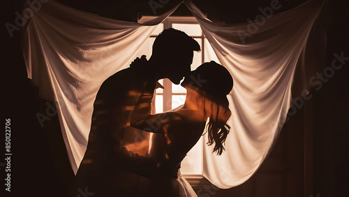 silhouette of a couple kissing, A shadow of a couple kissing on a window cloth