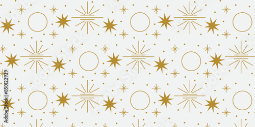 Gold celestial line art pattern on a white background, stars, and moon.