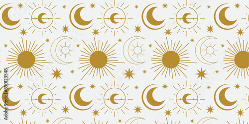 Astrological Gold Pattern: A beautiful astrological pattern with gold celestial elements on a white backdrop. Suitable for use in tarot cards, astrology-themed designs, and more.