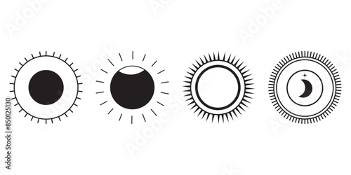 Celestial Sun and Moon Icons: Elegant celestial icons featuring suns and moons in black line art. Perfect for use in tarot cards, astrology apps, and mystical-themed designs.
