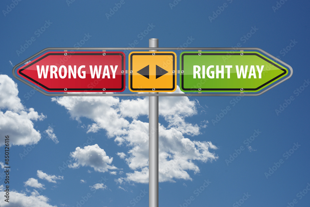 Direction Wrong Way Right way signpost set against a backdrop of the sky Direction Wrong Way Right way signpost set against a backdrop of the sky