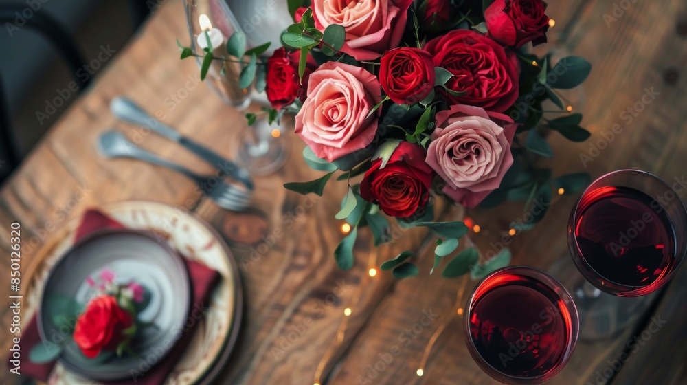 Obraz premium A romantic dinner setup with wine glasses and a bouquet of roses on a rustic wooden table, captured from a high angle
