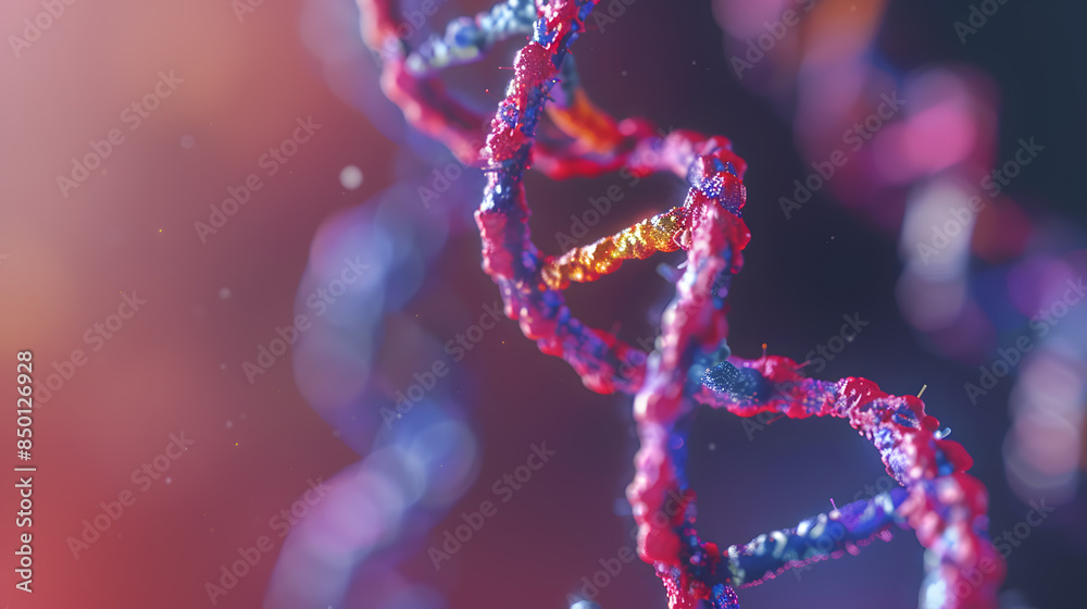A close up of a DNA strand with a red, blue and purple color A close up of a DNA strand with a red, blue and purple color