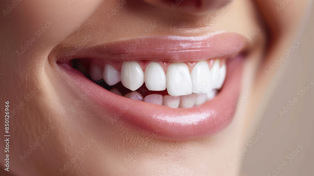 Obraz premium The girl's snow-white smile in close-up. Dental health and hygiene.