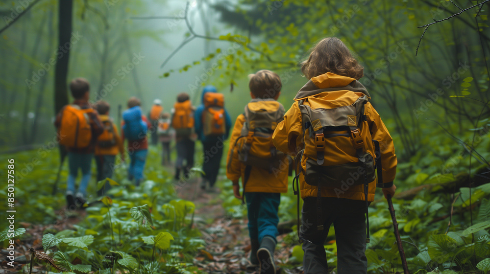 Naklejka premium Children exploring nature on a forest hike, backpacks and walking sticks, discovering plants and insects.