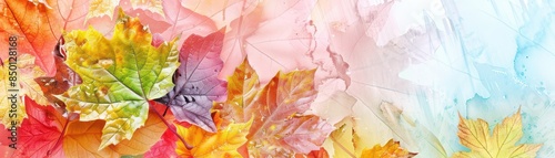 Multicolor autumn leaves in pastel, background postcard in watercolor style