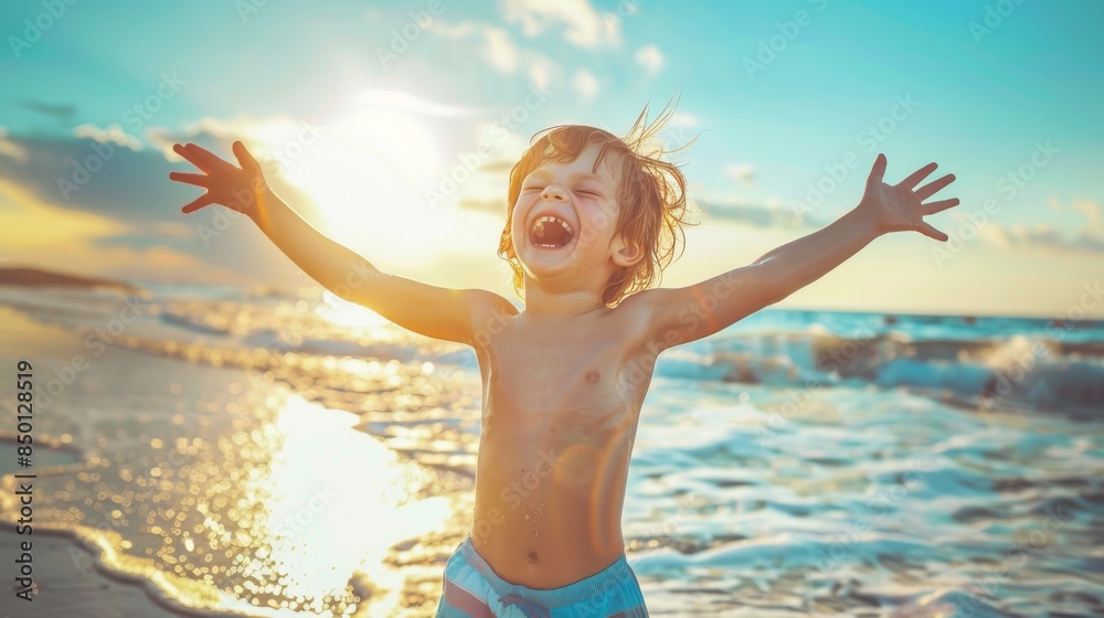 A young boy in blue swim trunks standing in the sea with arms wide open, feeling the waves touch him A young boy in blue swim trunks standing in the sea with arms wide open, feeling the waves touch him