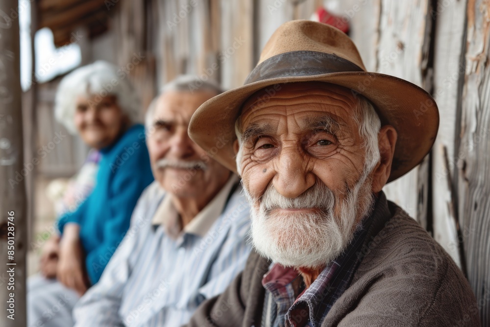 Group of senior people sitting on the porch of an old wooden house Group of senior people sitting on the porch of an old wooden house