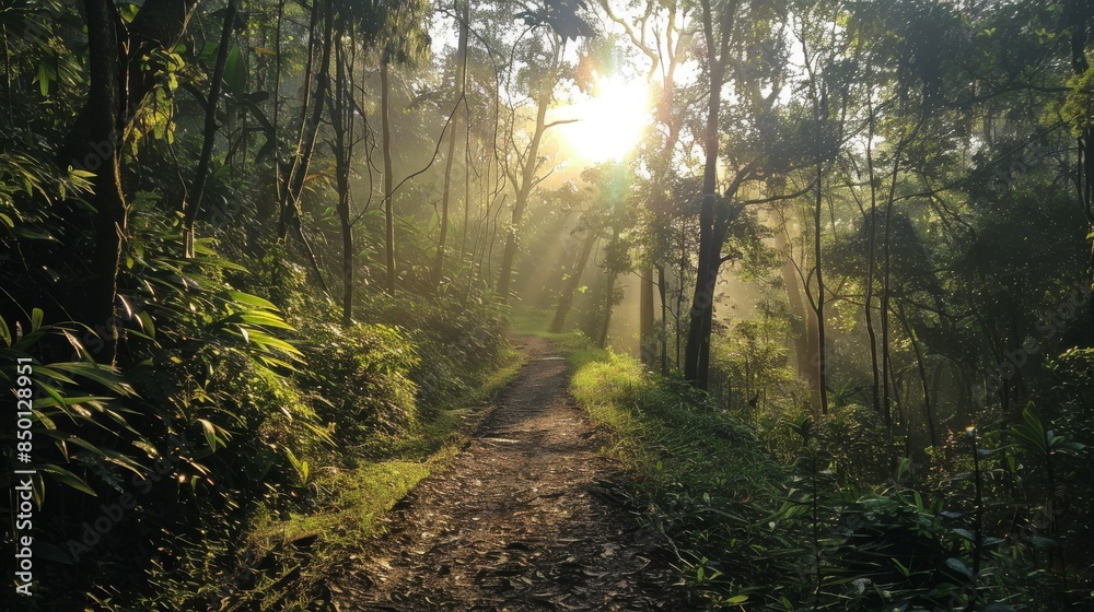 Naklejka premium A forest path with sunlight shining through the trees. The path is surrounded by trees and bushes