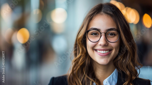 A close-up portrait of a young, beautiful business woman who looks happy and confident. She has a big smile on her face, she looks beautiful and cheerful.