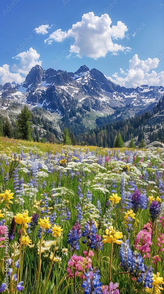 Fototapeta premium Alpine meadows bursting with the colors of summer