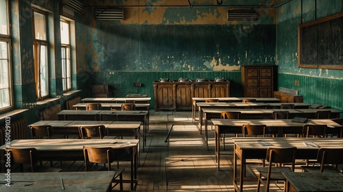 Empty vintage classroom with wooden desks and sunlight photo