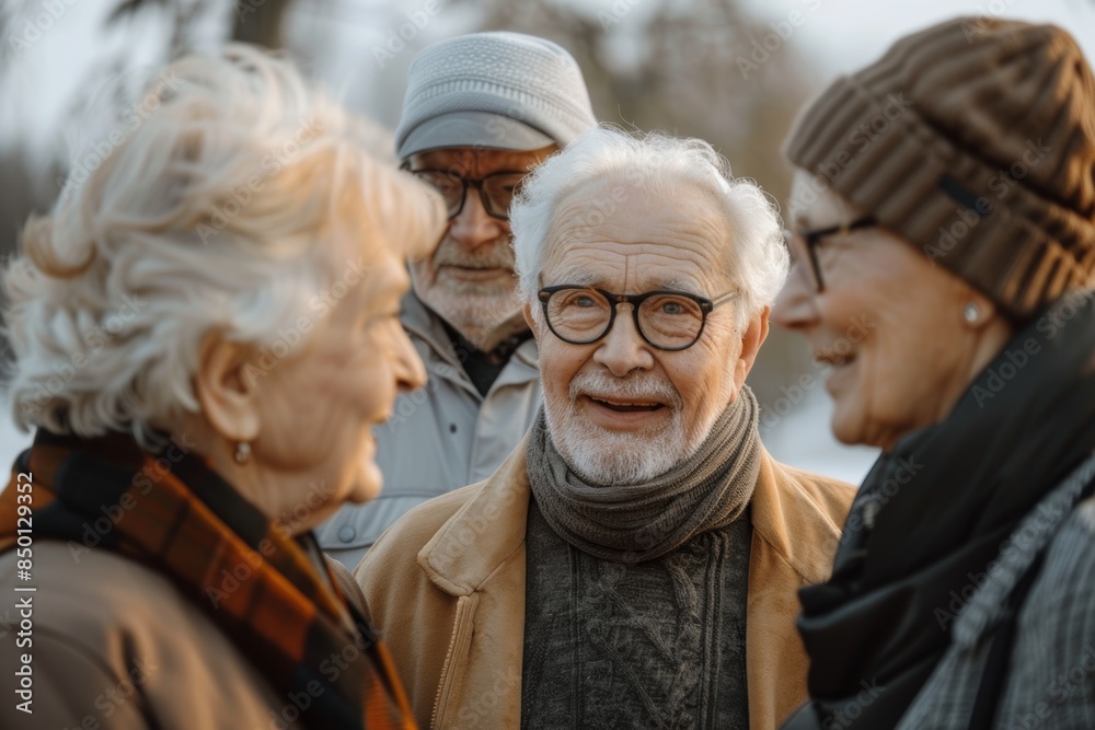 Cheerful senior friends looking at camera while walking in the park Cheerful senior friends looking at camera while walking in the park