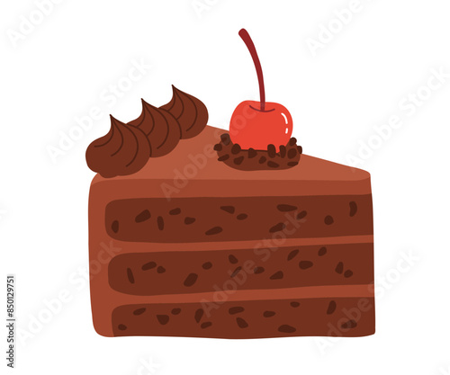 Birthday cake slices set. Sweet holiday bakery pieces collection. Pastry chocolate fruit, berry dessert with candles for breakfast. Vector hand drawn flat cartoon illustration