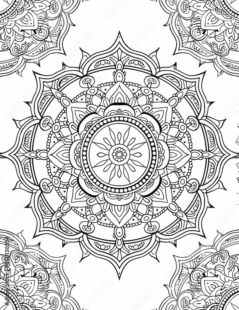 Fototapeta premium Mindful Mandala Moments: Elaborate Symmetrical Art for Stress Relief - Line Art - Coloring Page for Adults - Vertical composition - Printable pages 