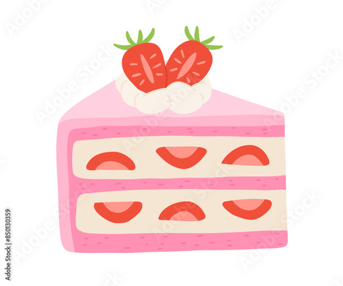 Birthday cake slices set. Sweet holiday bakery pieces collection. Pastry chocolate fruit, berry dessert with candles for breakfast. Vector hand drawn flat cartoon illustration