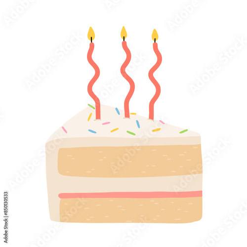 Birthday cake slices set. Sweet holiday bakery pieces collection. Pastry chocolate fruit, berry dessert with candles for breakfast. Vector hand drawn flat cartoon illustration