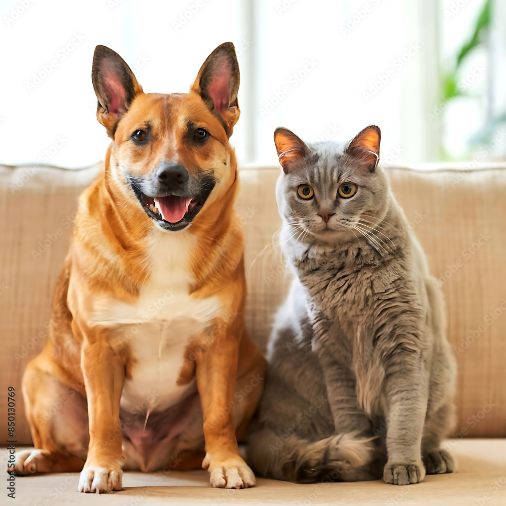Happy dog and cat that looking at the camera together friendship between dog and cat, amazing friendliness of the pets Happy dog and cat that looking at the camera together friendship between dog and cat, amazing friendliness of the pets