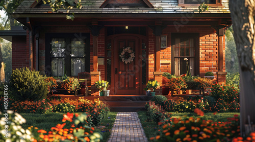 A cozy home with a warm, inviting color palette, featuring burnt orange and deep red hues, complemented by a charming front porch and flower beds, captured in © Resonant Visions