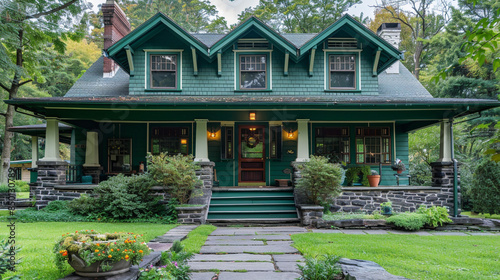 A craftsman bungalow with green lap siding, white trim, and a wide front porch with a low stone wall.