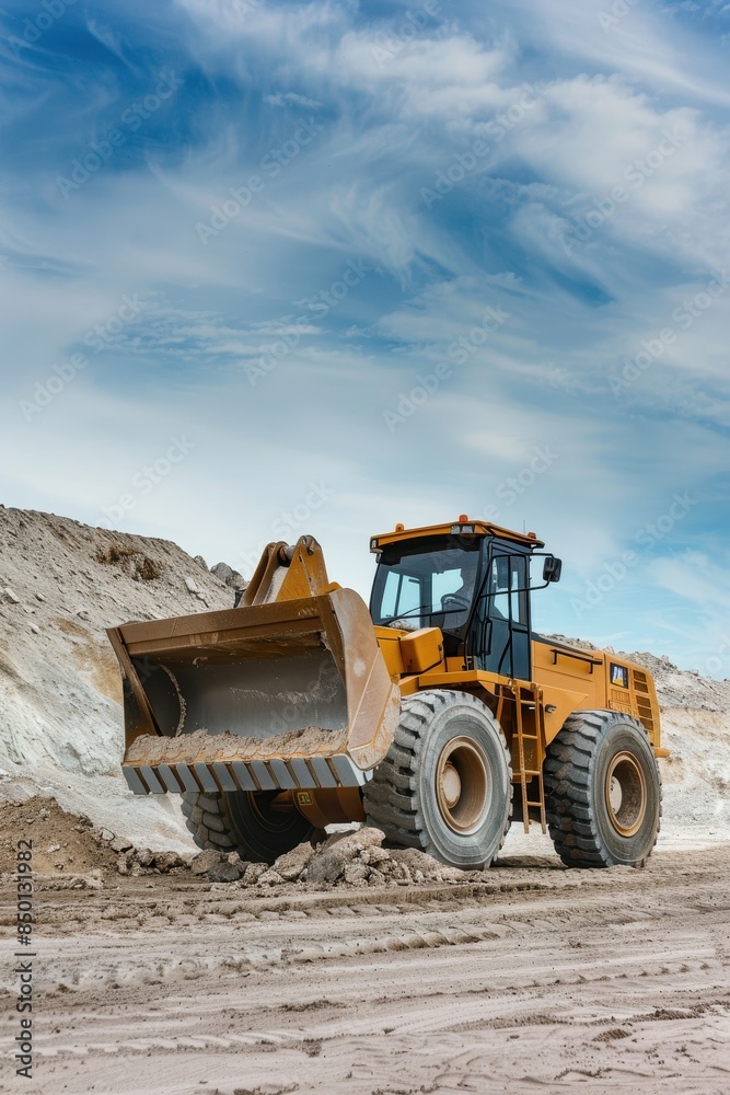 A large construction vehicle is parked in a rocky field. The sky is cloudy and the sun is setting, casting a warm glow over the scene. Concept of hard work and determination A large construction vehicle is parked in a rocky field. The sky is cloudy and the sun is setting, casting a warm glow over the scene. Concept of hard work and determination