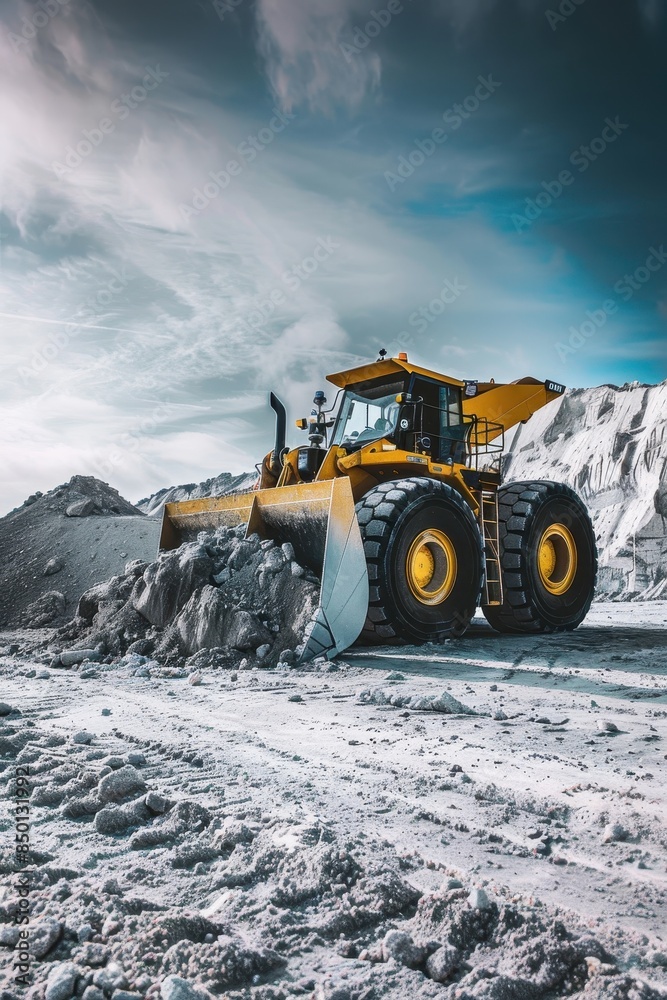 A large construction vehicle is parked in a rocky field. The sky is cloudy and the sun is setting, casting a warm glow over the scene. Concept of hard work and determination A large construction vehicle is parked in a rocky field. The sky is cloudy and the sun is setting, casting a warm glow over the scene. Concept of hard work and determination
