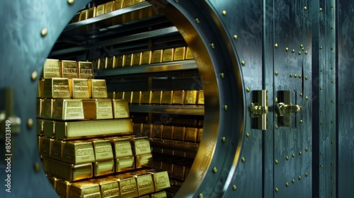 Gold Bars in a Vault: Create an image of gold bars neatly stacked inside a high-security vault. 